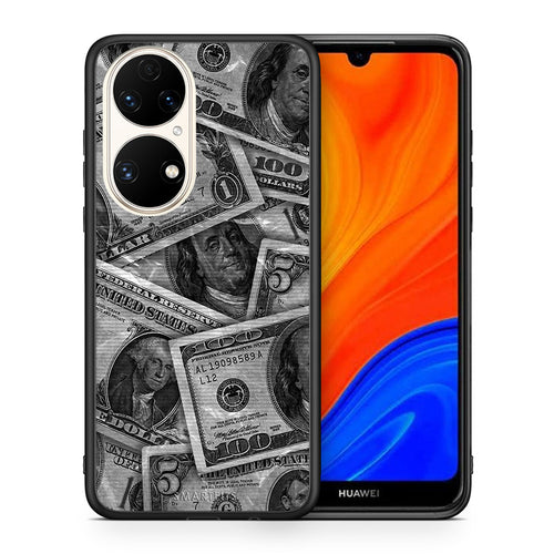 Θήκη Huawei P50 Money Dollars από τη Smartfits με σχέδιο στο πίσω μέρος και μαύρο περίβλημα | Huawei P50 Money Dollars case with colorful back and black bezels