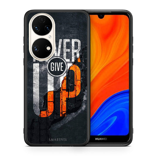 Θήκη Αγίου Βαλεντίνου Huawei P50 Never Give Up από τη Smartfits με σχέδιο στο πίσω μέρος και μαύρο περίβλημα | Huawei P50 Never Give Up case with colorful back and black bezels