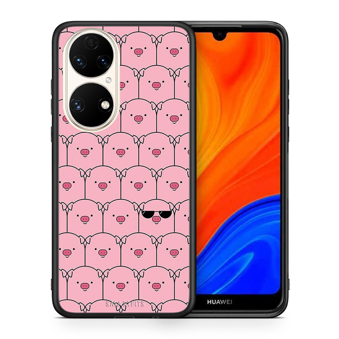 Θήκη Huawei P50 Pig Glasses από τη Smartfits με σχέδιο στο πίσω μέρος και μαύρο περίβλημα | Huawei P50 Pig Glasses case with colorful back and black bezels