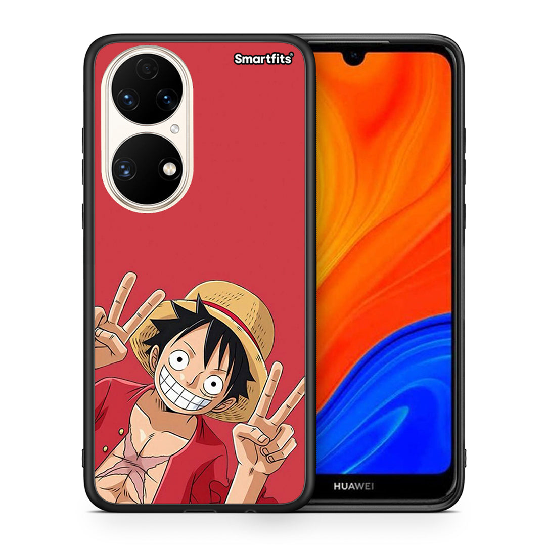 Θήκη Huawei P50 Pirate Luffy από τη Smartfits με σχέδιο στο πίσω μέρος και μαύρο περίβλημα | Huawei P50 Pirate Luffy case with colorful back and black bezels