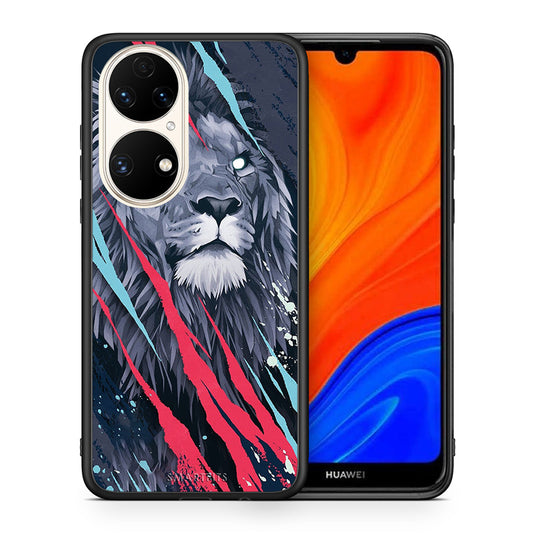 Θήκη Huawei P50 Lion Designer PopArt από τη Smartfits με σχέδιο στο πίσω μέρος και μαύρο περίβλημα | Huawei P50 Lion Designer PopArt case with colorful back and black bezels