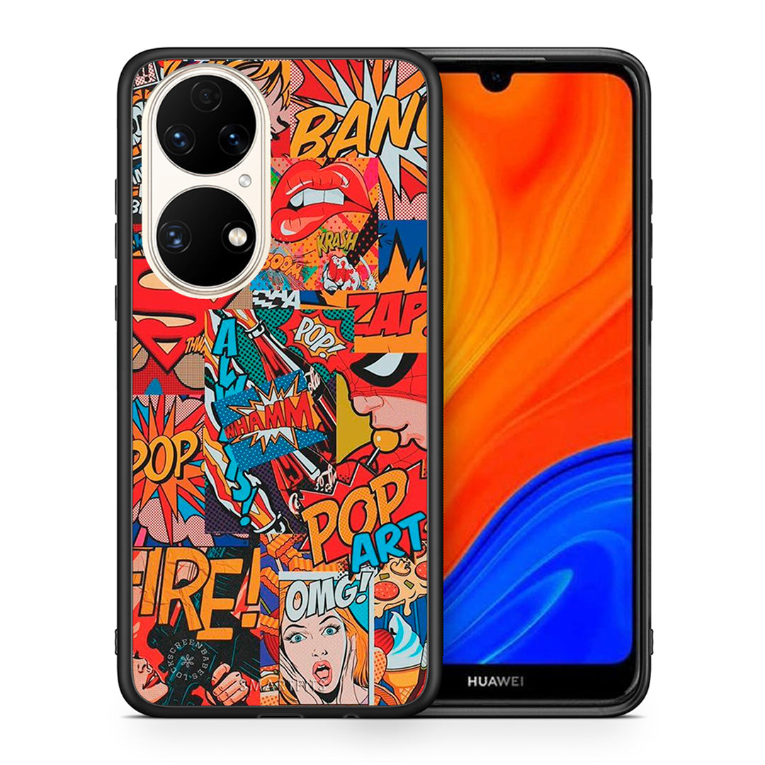 Θήκη Huawei P50 PopArt OMG από τη Smartfits με σχέδιο στο πίσω μέρος και μαύρο περίβλημα | Huawei P50 PopArt OMG case with colorful back and black bezels