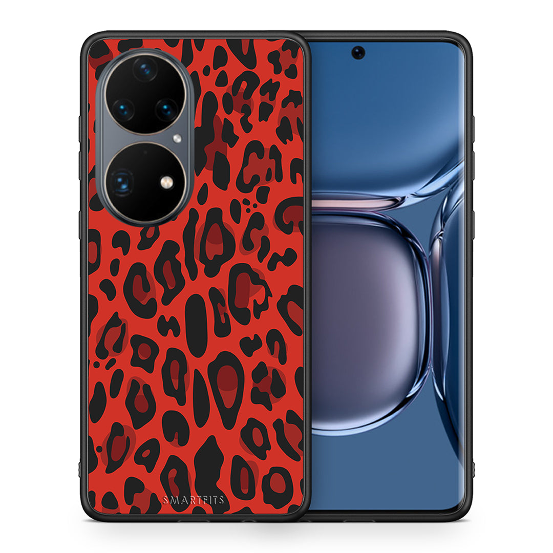 Θήκη Huawei P50 Pro Red Leopard Animal από τη Smartfits με σχέδιο στο πίσω μέρος και μαύρο περίβλημα | Huawei P50 Pro Red Leopard Animal case with colorful back and black bezels