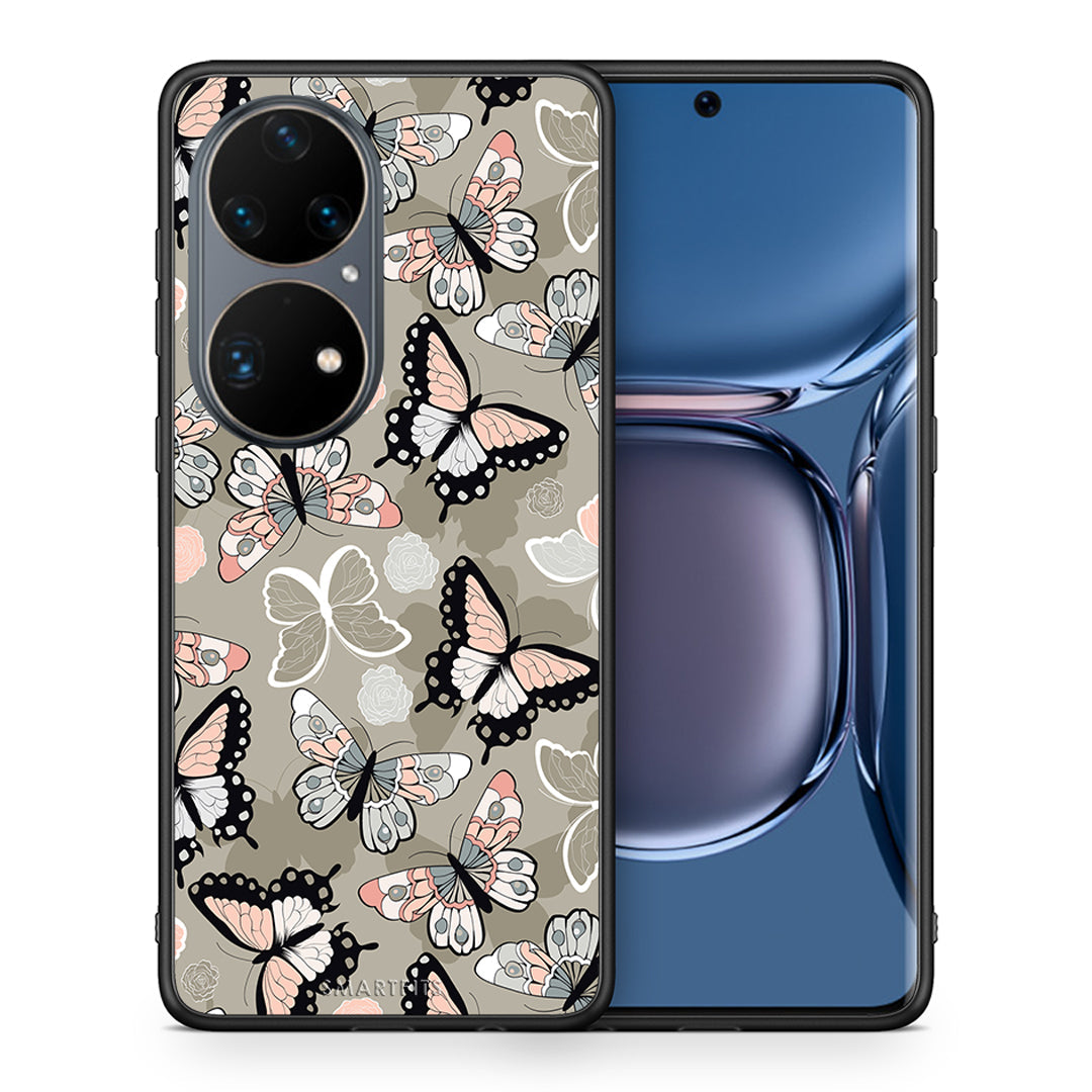 Θήκη Huawei P50 Pro Butterflies Boho από τη Smartfits με σχέδιο στο πίσω μέρος και μαύρο περίβλημα | Huawei P50 Pro Butterflies Boho case with colorful back and black bezels