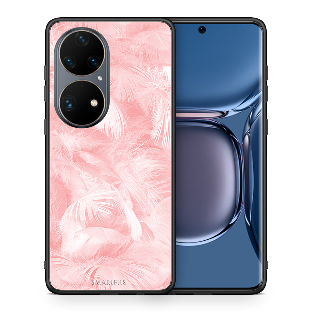Θήκη Huawei P50 Pro Pink Feather Boho από τη Smartfits με σχέδιο στο πίσω μέρος και μαύρο περίβλημα | Huawei P50 Pro Pink Feather Boho case with colorful back and black bezels