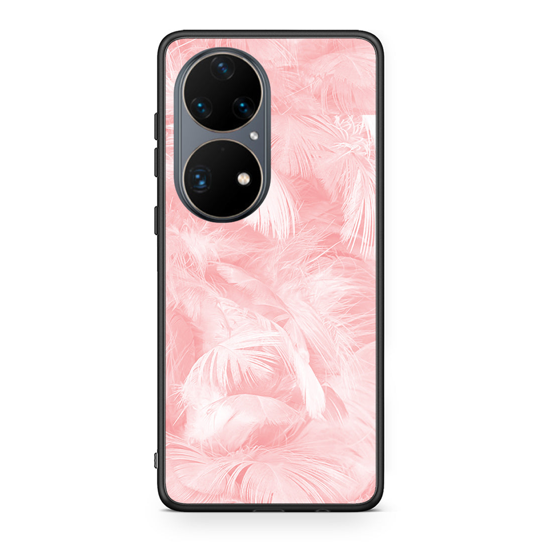 33 - Huawei P50 Pro Pink Feather Boho case, cover, bumper