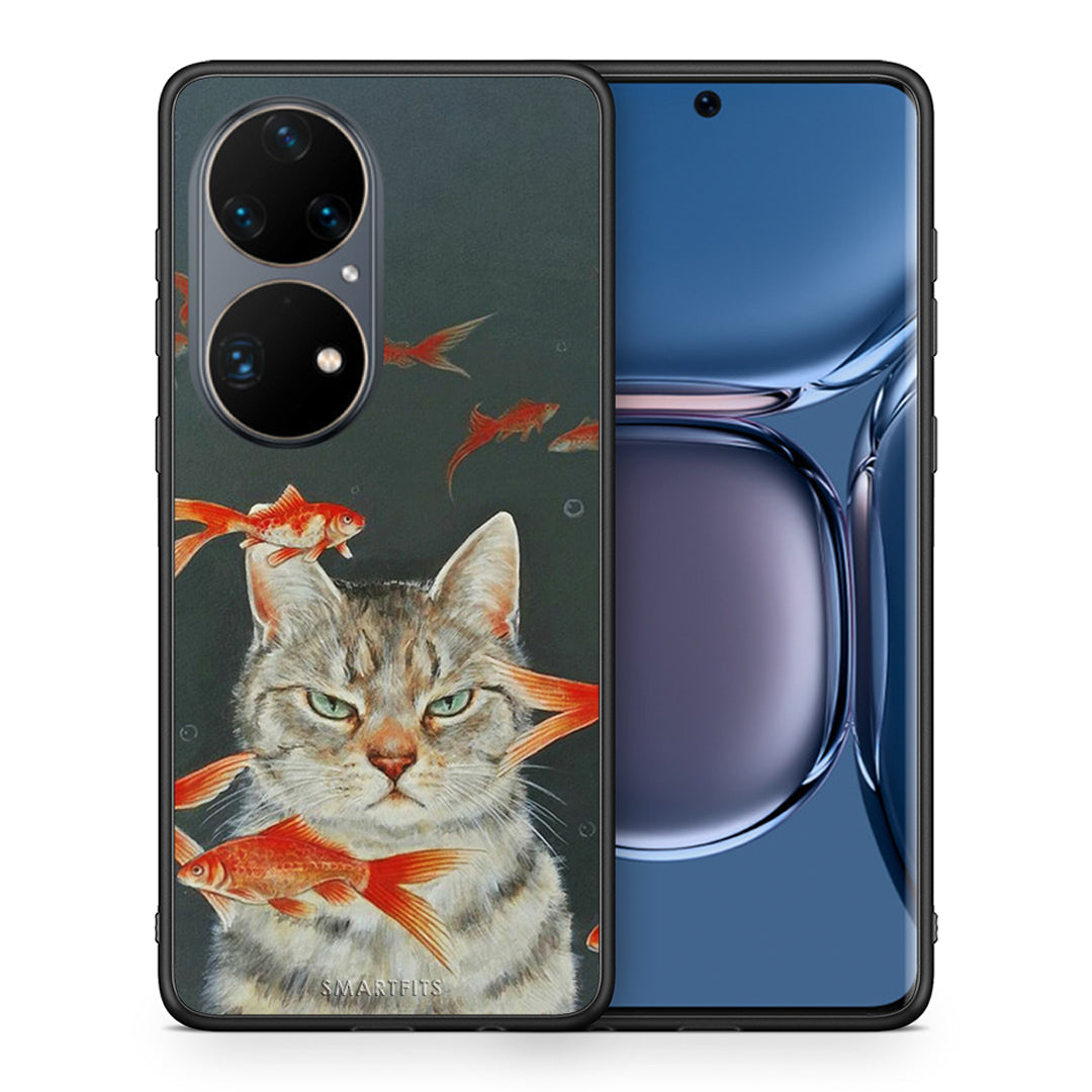 Θήκη Huawei P50 Pro Cat Goldfish από τη Smartfits με σχέδιο στο πίσω μέρος και μαύρο περίβλημα | Huawei P50 Pro Cat Goldfish case with colorful back and black bezels