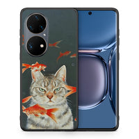 Thumbnail for Θήκη Huawei P50 Pro Cat Goldfish από τη Smartfits με σχέδιο στο πίσω μέρος και μαύρο περίβλημα | Huawei P50 Pro Cat Goldfish case with colorful back and black bezels