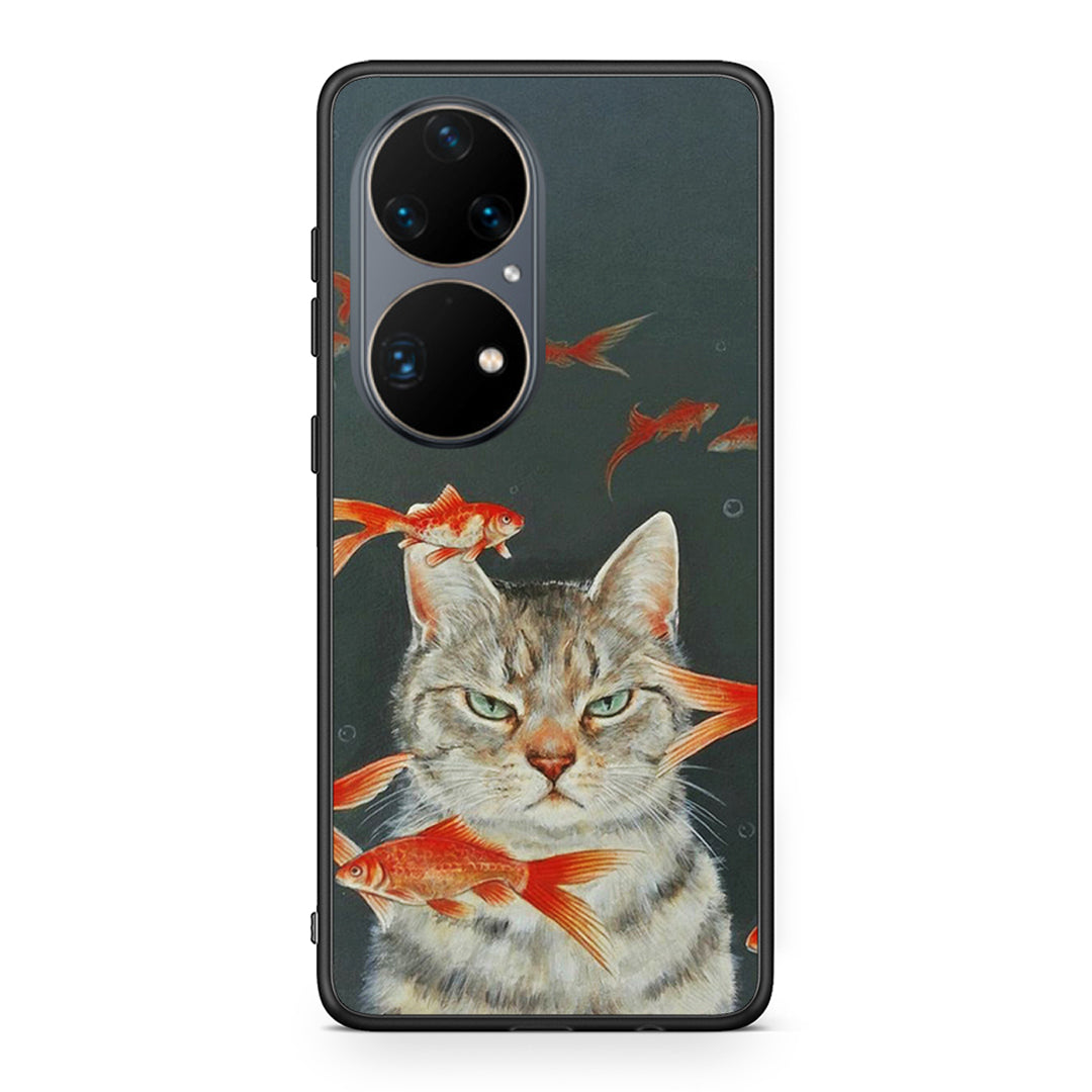 Huawei P50 Pro Cat Goldfish θήκη από τη Smartfits με σχέδιο στο πίσω μέρος και μαύρο περίβλημα | Smartphone case with colorful back and black bezels by Smartfits