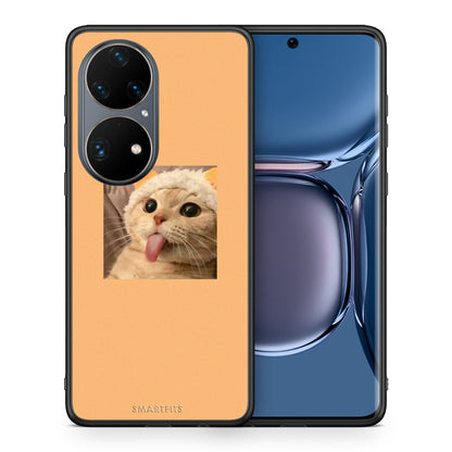 Θήκη Huawei P50 Pro Cat Tongue από τη Smartfits με σχέδιο στο πίσω μέρος και μαύρο περίβλημα | Huawei P50 Pro Cat Tongue case with colorful back and black bezels