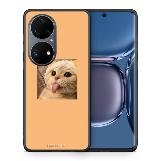 Θήκη Huawei P50 Pro Cat Tongue από τη Smartfits με σχέδιο στο πίσω μέρος και μαύρο περίβλημα | Huawei P50 Pro Cat Tongue case with colorful back and black bezels