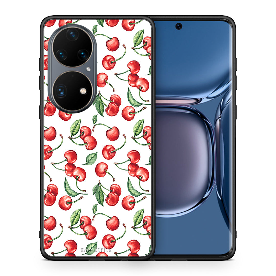 Θήκη Huawei P50 Pro Cherry Summer από τη Smartfits με σχέδιο στο πίσω μέρος και μαύρο περίβλημα | Huawei P50 Pro Cherry Summer case with colorful back and black bezels
