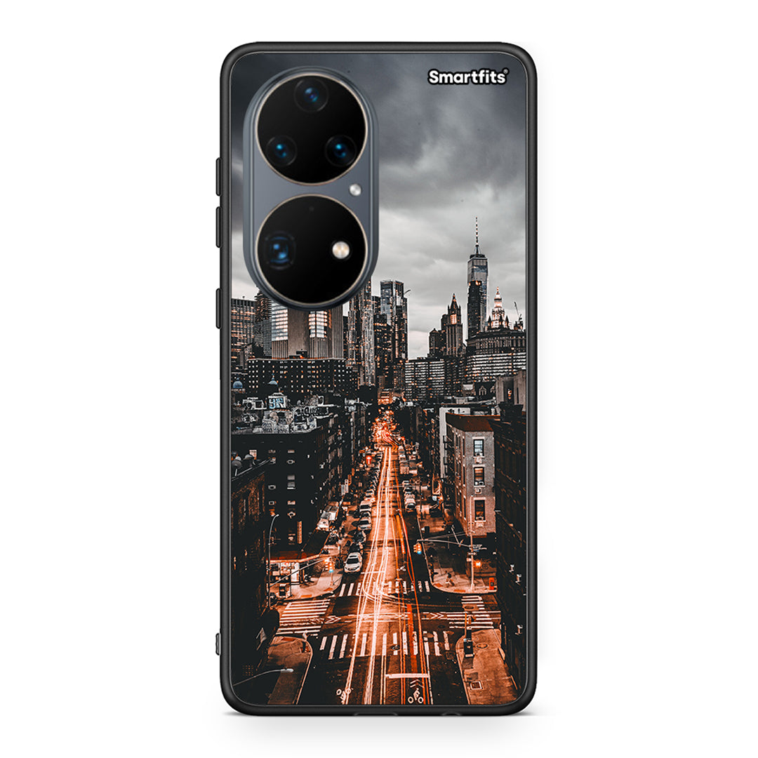 Huawei P50 Pro City Lights θήκη από τη Smartfits με σχέδιο στο πίσω μέρος και μαύρο περίβλημα | Smartphone case with colorful back and black bezels by Smartfits