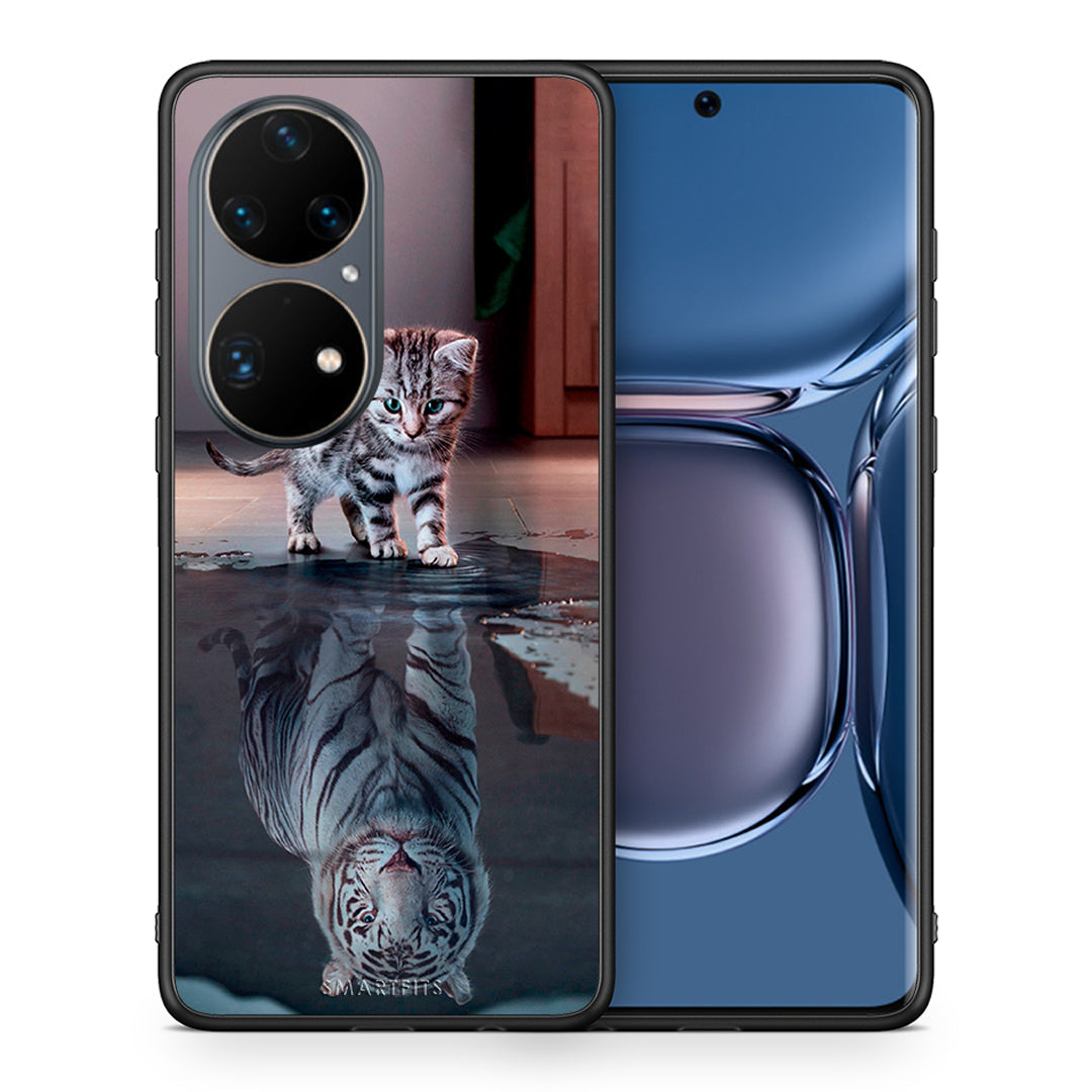 Θήκη Huawei P50 Pro Tiger Cute από τη Smartfits με σχέδιο στο πίσω μέρος και μαύρο περίβλημα | Huawei P50 Pro Tiger Cute case with colorful back and black bezels