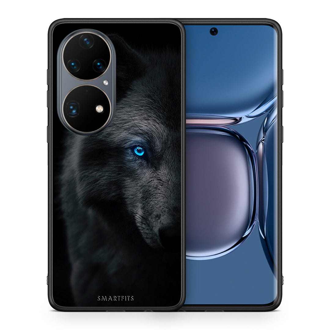 Θήκη Huawei P50 Pro Dark Wolf από τη Smartfits με σχέδιο στο πίσω μέρος και μαύρο περίβλημα | Huawei P50 Pro Dark Wolf case with colorful back and black bezels