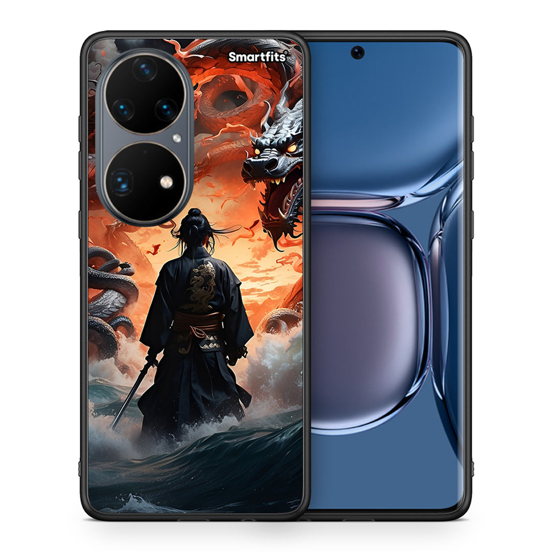 Θήκη Huawei P50 Pro Dragons Fight από τη Smartfits με σχέδιο στο πίσω μέρος και μαύρο περίβλημα | Huawei P50 Pro Dragons Fight case with colorful back and black bezels