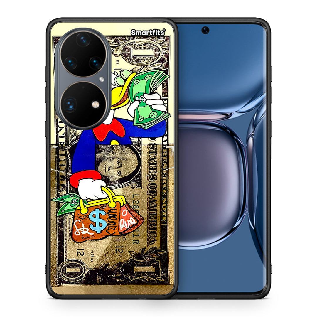Θήκη Huawei P50 Pro Duck Money από τη Smartfits με σχέδιο στο πίσω μέρος και μαύρο περίβλημα | Huawei P50 Pro Duck Money case with colorful back and black bezels