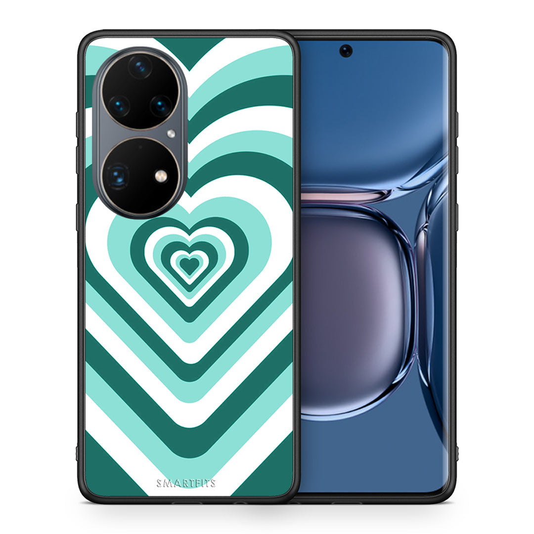 Θήκη Huawei P50 Pro Green Hearts από τη Smartfits με σχέδιο στο πίσω μέρος και μαύρο περίβλημα | Huawei P50 Pro Green Hearts case with colorful back and black bezels