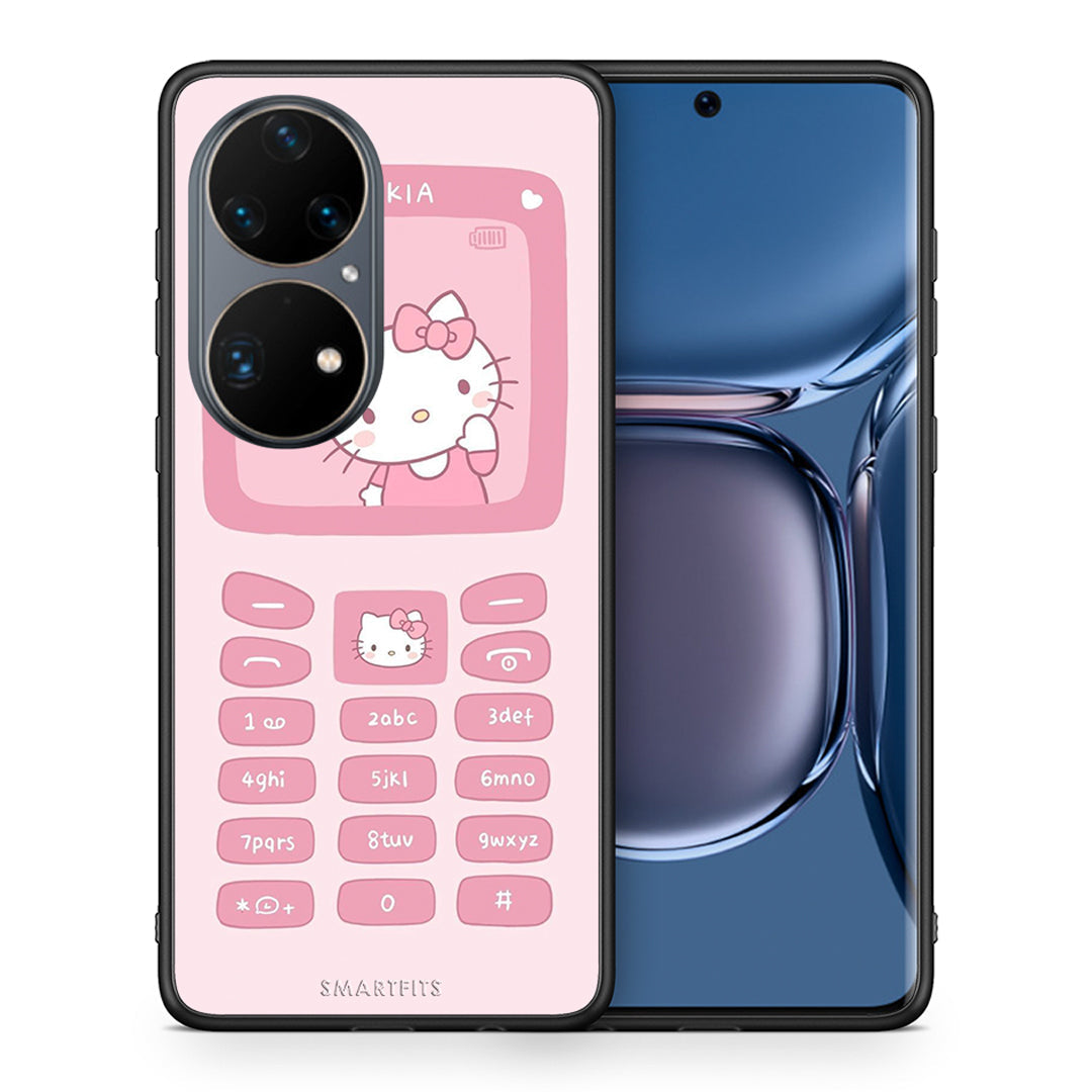 Θήκη Αγίου Βαλεντίνου Huawei P50 Pro Hello Kitten από τη Smartfits με σχέδιο στο πίσω μέρος και μαύρο περίβλημα | Huawei P50 Pro Hello Kitten case with colorful back and black bezels