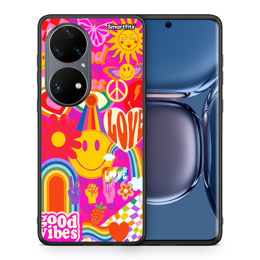 Θήκη Huawei P50 Pro Hippie Love από τη Smartfits με σχέδιο στο πίσω μέρος και μαύρο περίβλημα | Huawei P50 Pro Hippie Love case with colorful back and black bezels
