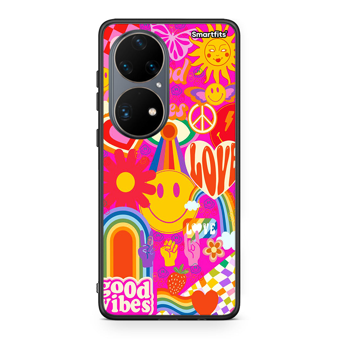 Huawei P50 Pro Hippie Love θήκη από τη Smartfits με σχέδιο στο πίσω μέρος και μαύρο περίβλημα | Smartphone case with colorful back and black bezels by Smartfits