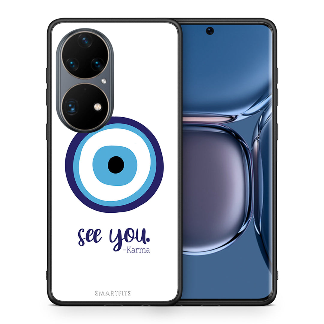 Θήκη Huawei P50 Pro Karma Says από τη Smartfits με σχέδιο στο πίσω μέρος και μαύρο περίβλημα | Huawei P50 Pro Karma Says case with colorful back and black bezels