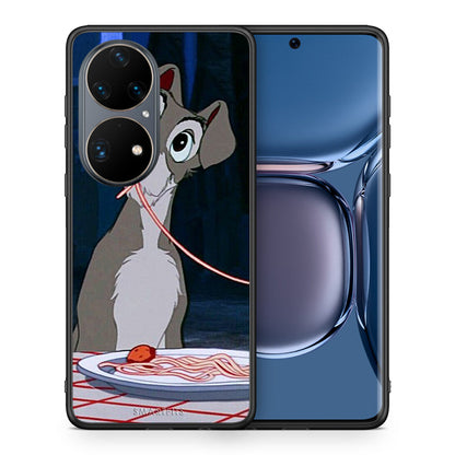 Θήκη Αγίου Βαλεντίνου Huawei P50 Pro Lady And Tramp 1 από τη Smartfits με σχέδιο στο πίσω μέρος και μαύρο περίβλημα | Huawei P50 Pro Lady And Tramp 1 case with colorful back and black bezels