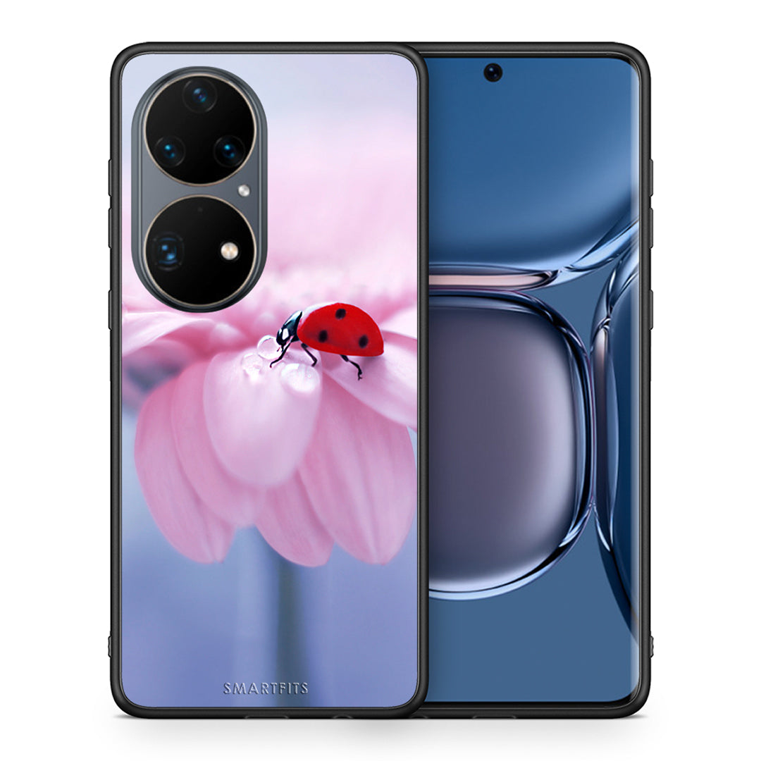 Θήκη Huawei P50 Pro Ladybug Flower από τη Smartfits με σχέδιο στο πίσω μέρος και μαύρο περίβλημα | Huawei P50 Pro Ladybug Flower case with colorful back and black bezels