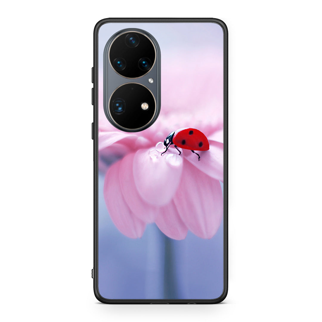 Huawei P50 Pro Ladybug Flower θήκη από τη Smartfits με σχέδιο στο πίσω μέρος και μαύρο περίβλημα | Smartphone case with colorful back and black bezels by Smartfits
