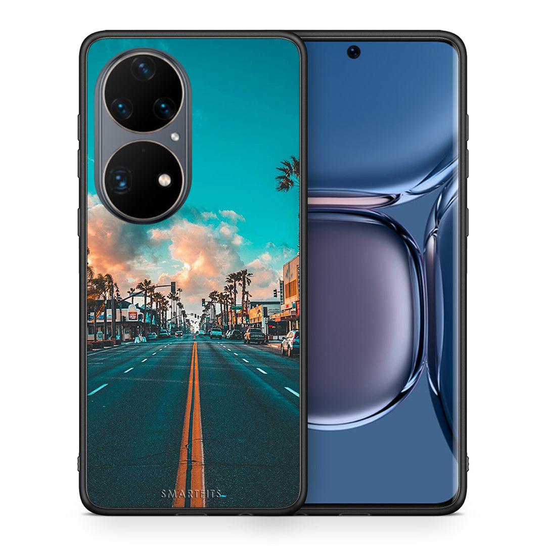 Θήκη Huawei P50 Pro City Landscape από τη Smartfits με σχέδιο στο πίσω μέρος και μαύρο περίβλημα | Huawei P50 Pro City Landscape case with colorful back and black bezels