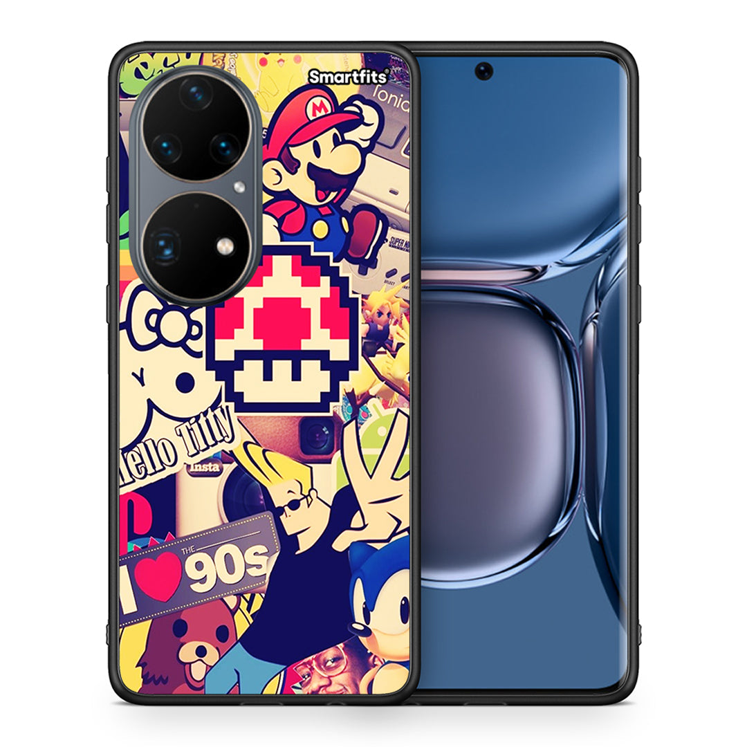 Θήκη Huawei P50 Pro Love The 90s από τη Smartfits με σχέδιο στο πίσω μέρος και μαύρο περίβλημα | Huawei P50 Pro Love The 90s case with colorful back and black bezels