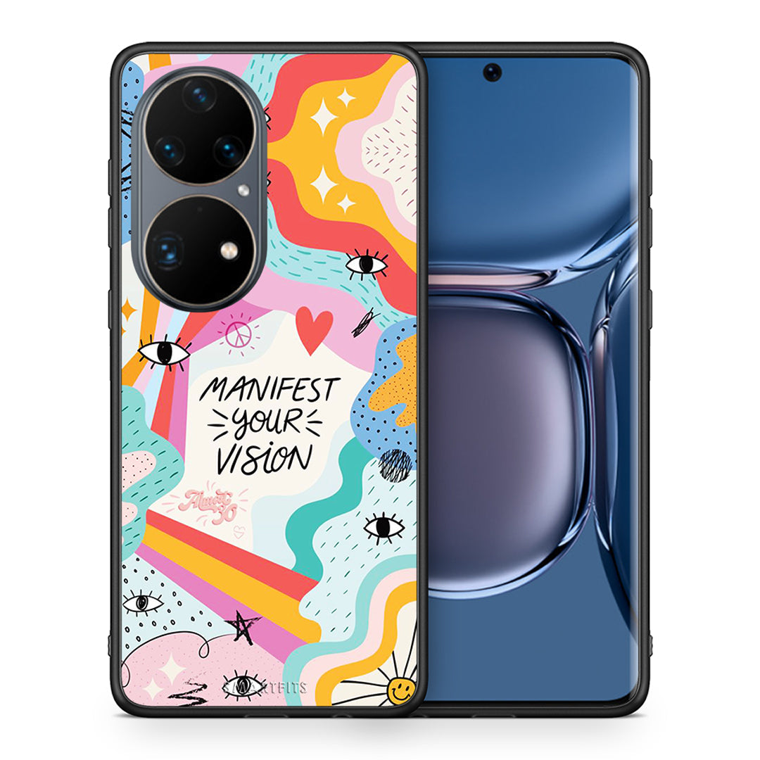 Θήκη Huawei P50 Pro Manifest Your Vision από τη Smartfits με σχέδιο στο πίσω μέρος και μαύρο περίβλημα | Huawei P50 Pro Manifest Your Vision case with colorful back and black bezels