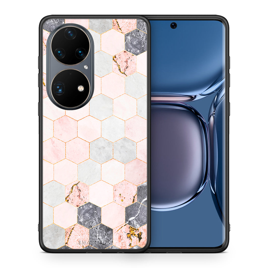 Θήκη Huawei P50 Pro Hexagon Pink Marble από τη Smartfits με σχέδιο στο πίσω μέρος και μαύρο περίβλημα | Huawei P50 Pro Hexagon Pink Marble case with colorful back and black bezels