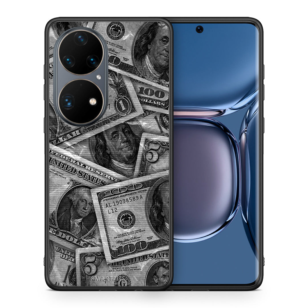 Θήκη Huawei P50 Pro Money Dollars από τη Smartfits με σχέδιο στο πίσω μέρος και μαύρο περίβλημα | Huawei P50 Pro Money Dollars case with colorful back and black bezels