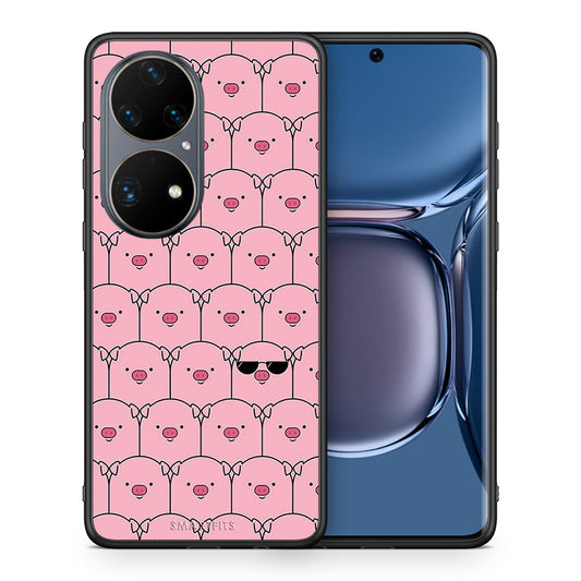 Θήκη Huawei P50 Pro Pig Glasses από τη Smartfits με σχέδιο στο πίσω μέρος και μαύρο περίβλημα | Huawei P50 Pro Pig Glasses case with colorful back and black bezels