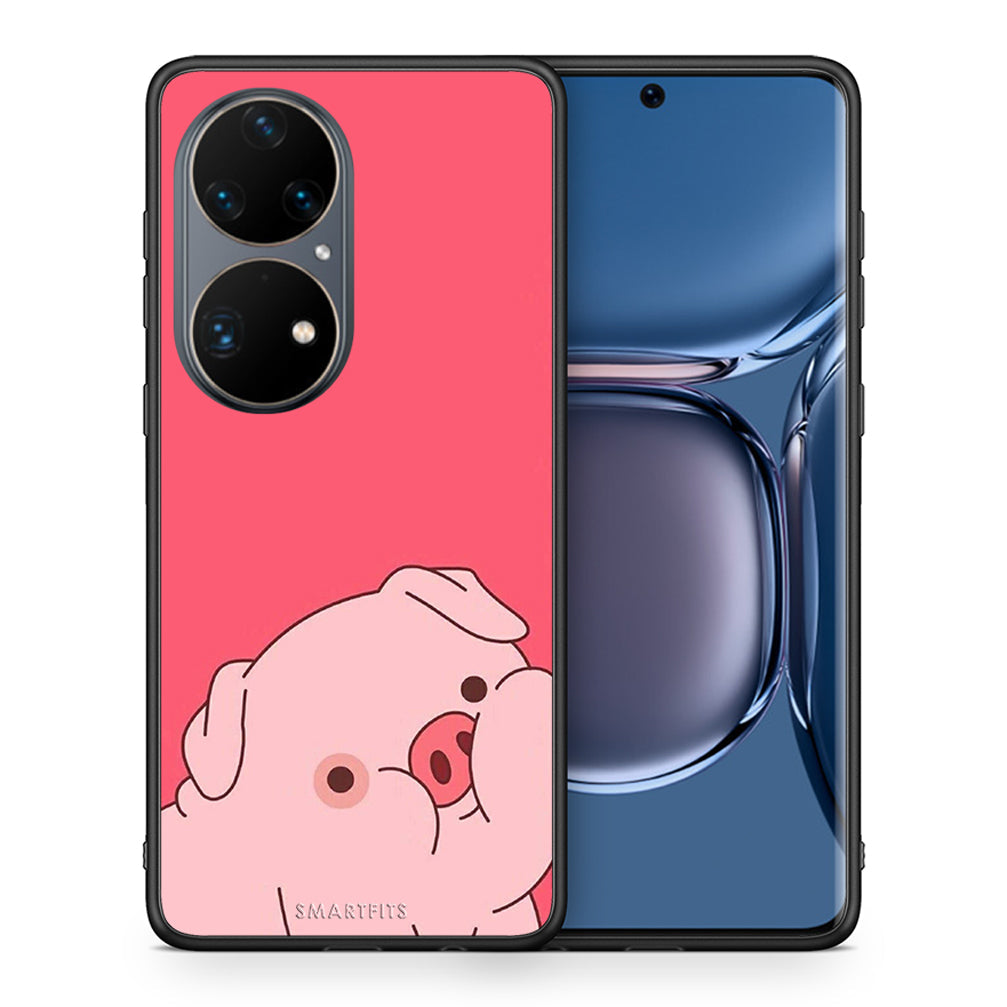 Θήκη Αγίου Βαλεντίνου Huawei P50 Pro Pig Love 1 από τη Smartfits με σχέδιο στο πίσω μέρος και μαύρο περίβλημα | Huawei P50 Pro Pig Love 1 case with colorful back and black bezels