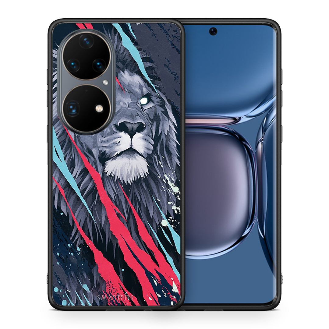 Θήκη Huawei P50 Pro Lion Designer PopArt από τη Smartfits με σχέδιο στο πίσω μέρος και μαύρο περίβλημα | Huawei P50 Pro Lion Designer PopArt case with colorful back and black bezels