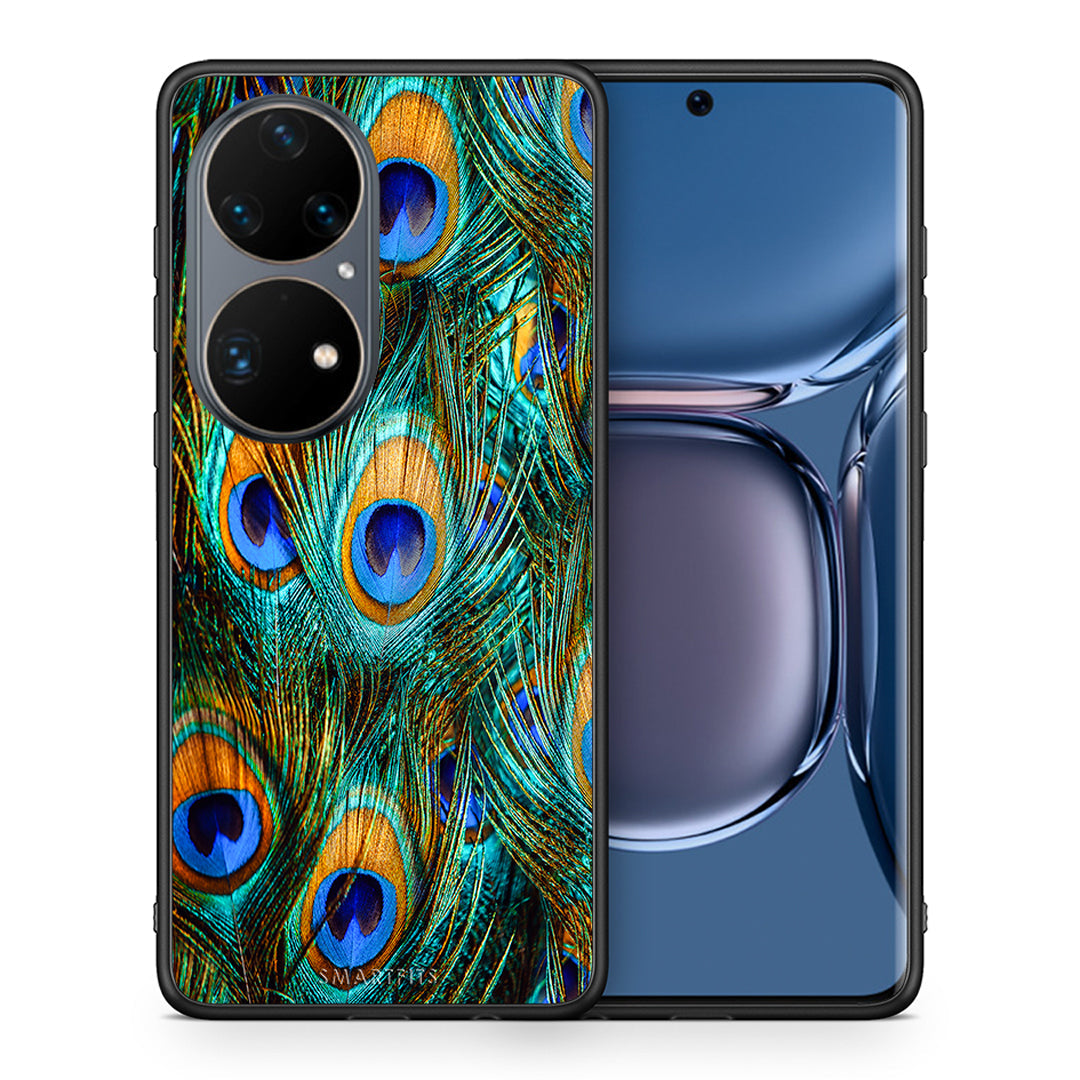 Θήκη Huawei P50 Pro Real Peacock Feathers από τη Smartfits με σχέδιο στο πίσω μέρος και μαύρο περίβλημα | Huawei P50 Pro Real Peacock Feathers case with colorful back and black bezels