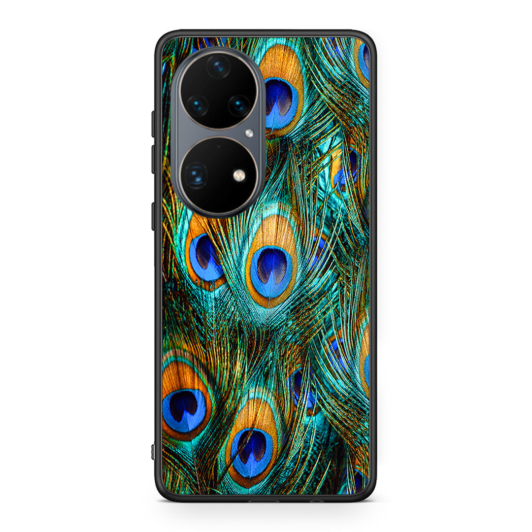 Huawei P50 Pro Real Peacock Feathers θήκη από τη Smartfits με σχέδιο στο πίσω μέρος και μαύρο περίβλημα | Smartphone case with colorful back and black bezels by Smartfits