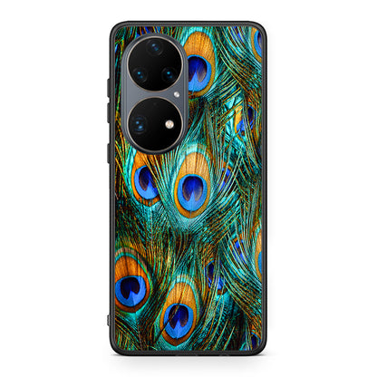 Huawei P50 Pro Real Peacock Feathers θήκη από τη Smartfits με σχέδιο στο πίσω μέρος και μαύρο περίβλημα | Smartphone case with colorful back and black bezels by Smartfits
