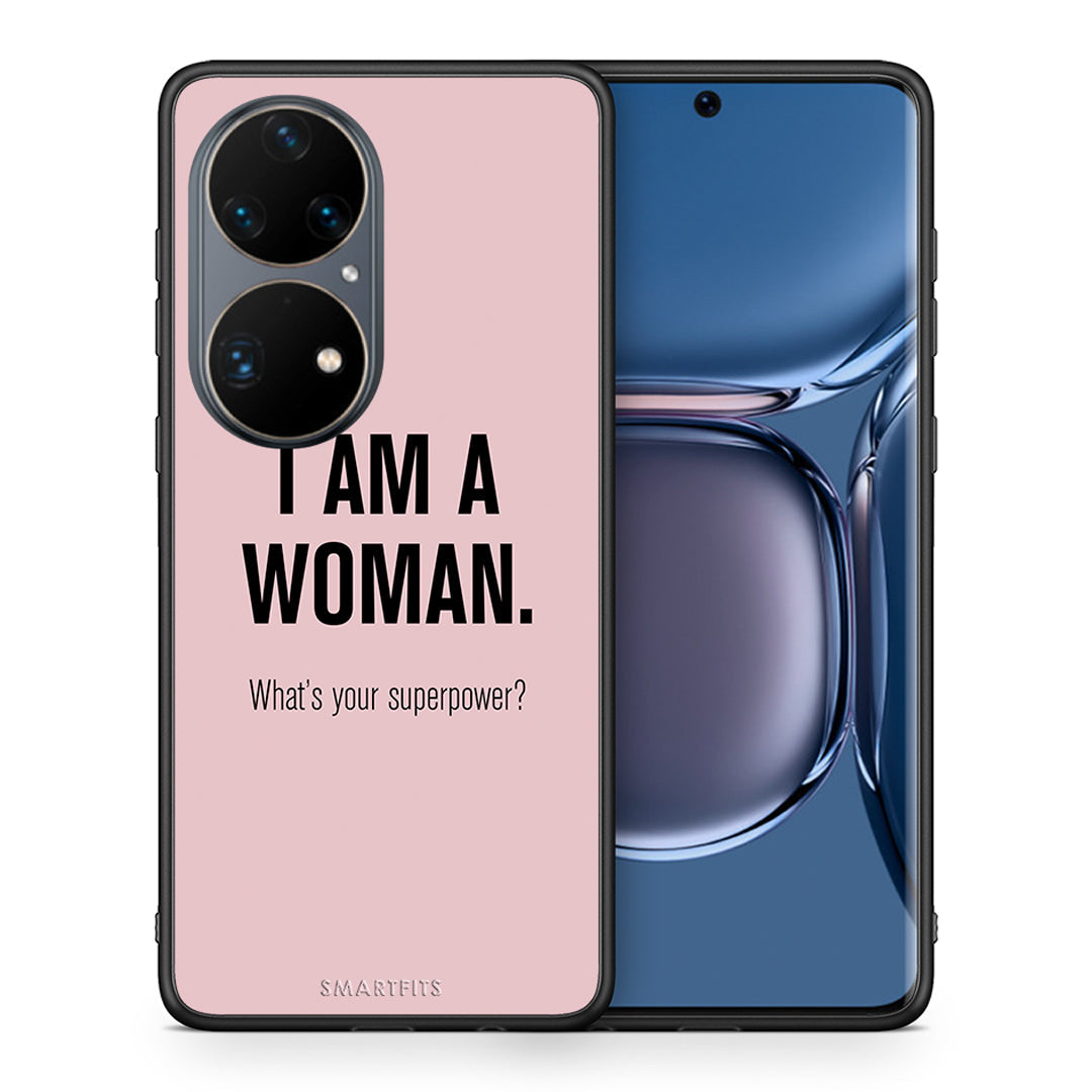 Θήκη Huawei P50 Pro Superpower Woman από τη Smartfits με σχέδιο στο πίσω μέρος και μαύρο περίβλημα | Huawei P50 Pro Superpower Woman case with colorful back and black bezels