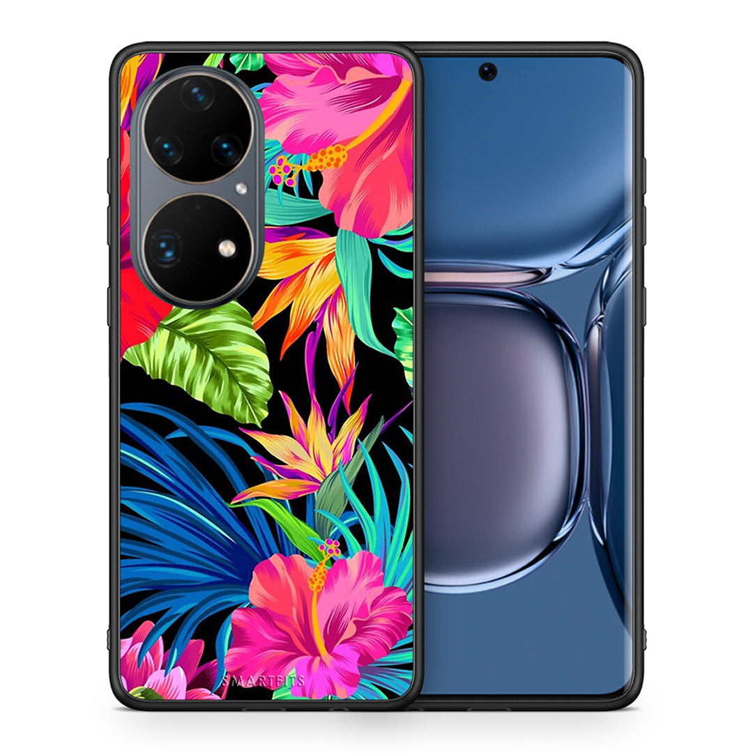 Θήκη Huawei P50 Pro Tropical Flowers από τη Smartfits με σχέδιο στο πίσω μέρος και μαύρο περίβλημα | Huawei P50 Pro Tropical Flowers case with colorful back and black bezels