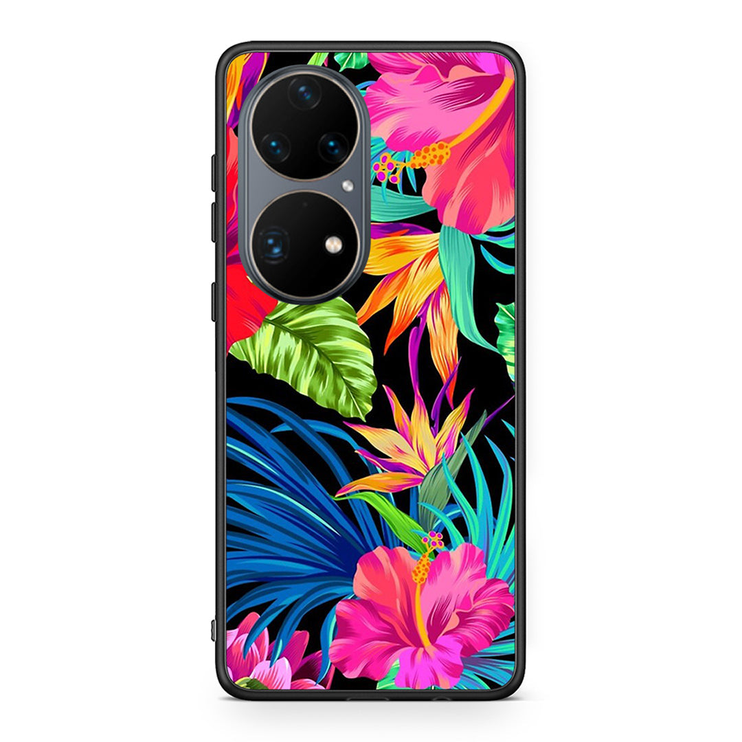 Huawei P50 Pro Tropical Flowers θήκη από τη Smartfits με σχέδιο στο πίσω μέρος και μαύρο περίβλημα | Smartphone case with colorful back and black bezels by Smartfits