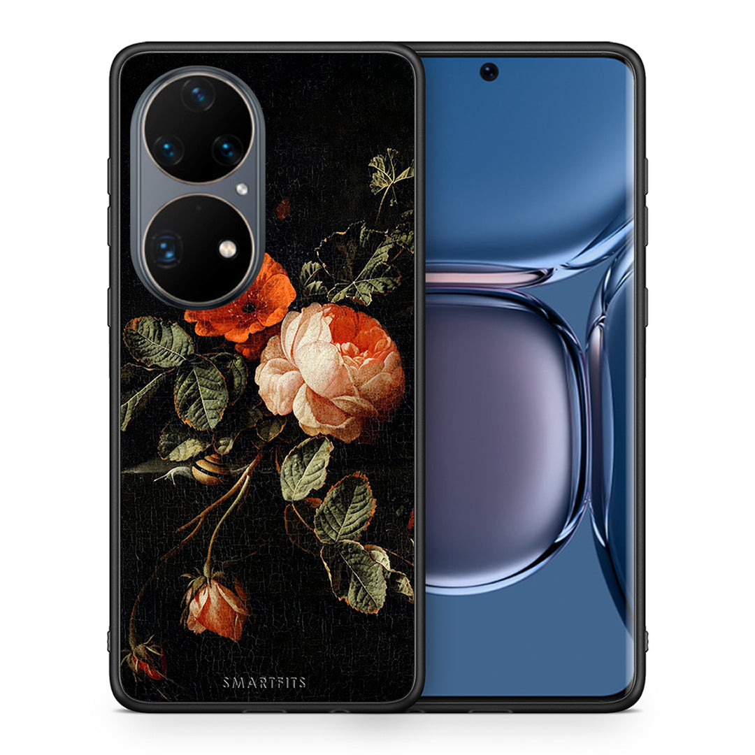 Θήκη Huawei P50 Pro Vintage Roses από τη Smartfits με σχέδιο στο πίσω μέρος και μαύρο περίβλημα | Huawei P50 Pro Vintage Roses case with colorful back and black bezels