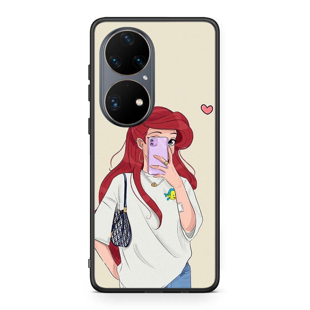 Huawei P50 Pro Walking Mermaid Θήκη από τη Smartfits με σχέδιο στο πίσω μέρος και μαύρο περίβλημα | Smartphone case with colorful back and black bezels by Smartfits