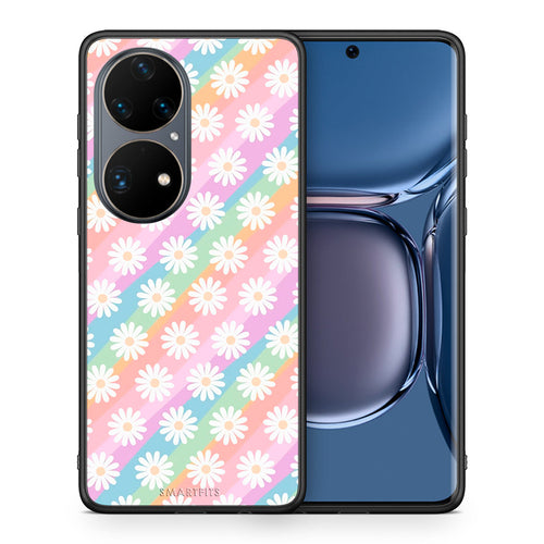 Θήκη Huawei P50 Pro White Daisies από τη Smartfits με σχέδιο στο πίσω μέρος και μαύρο περίβλημα | Huawei P50 Pro White Daisies case with colorful back and black bezels