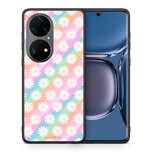 Θήκη Huawei P50 Pro White Daisies από τη Smartfits με σχέδιο στο πίσω μέρος και μαύρο περίβλημα | Huawei P50 Pro White Daisies case with colorful back and black bezels