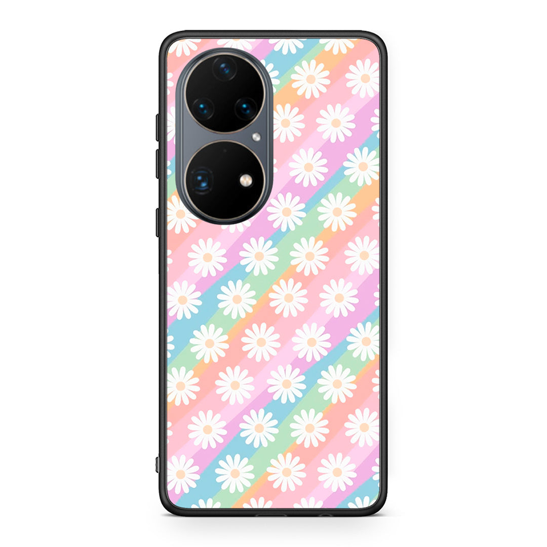 Huawei P50 Pro White Daisies θήκη από τη Smartfits με σχέδιο στο πίσω μέρος και μαύρο περίβλημα | Smartphone case with colorful back and black bezels by Smartfits