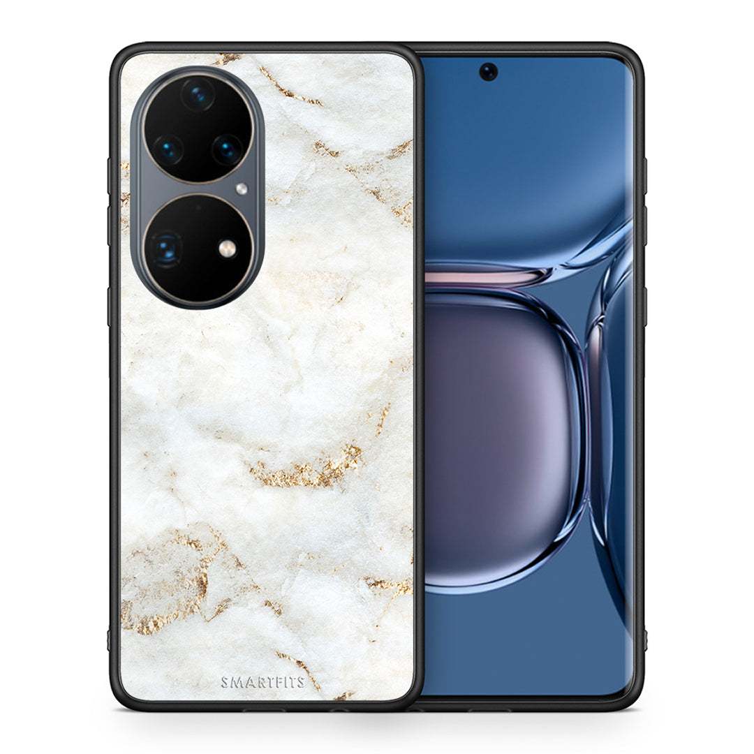 Θήκη Huawei P50 Pro White Gold Marble από τη Smartfits με σχέδιο στο πίσω μέρος και μαύρο περίβλημα | Huawei P50 Pro White Gold Marble case with colorful back and black bezels