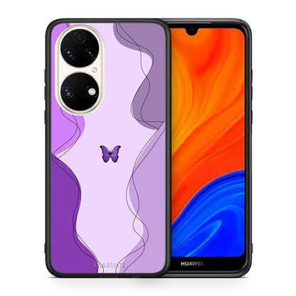 Θήκη Αγίου Βαλεντίνου Huawei P50 Purple Mariposa από τη Smartfits με σχέδιο στο πίσω μέρος και μαύρο περίβλημα | Huawei P50 Purple Mariposa case with colorful back and black bezels